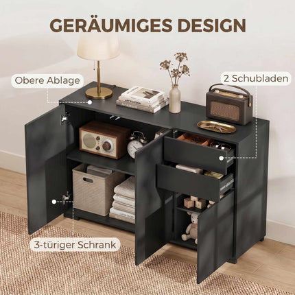 Black Sideboard with 2 Drawers, Push-Click, 117x36x74 cm