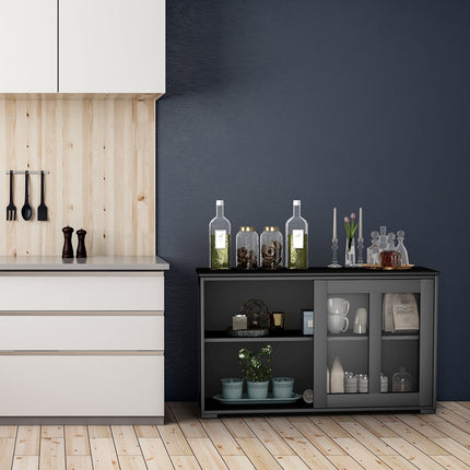 Schwarzes Sideboard mit Glasschiebetüren, verstellbare Einlegeböden
