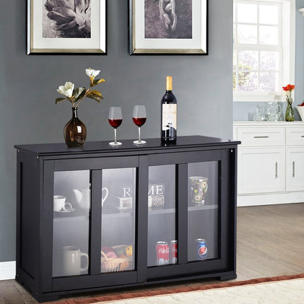 Schwarzes Sideboard mit Glasschiebetüren, verstellbare Einlegeböden
