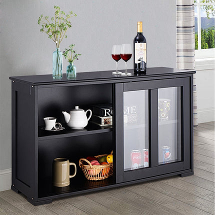 Schwarzes Sideboard mit Glasschiebetüren, verstellbare Einlegeböden