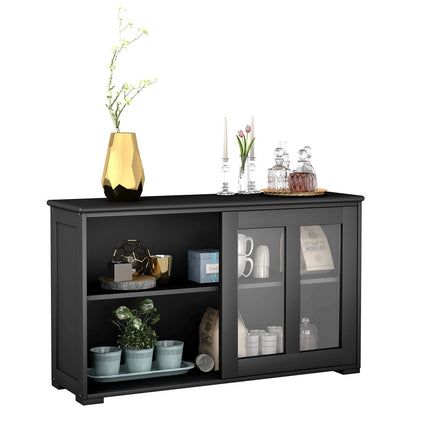 Schwarzes Sideboard mit Glasschiebetüren, verstellbare Einlegeböden
