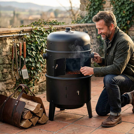 Black Steel Smoker with Thermometer and Water Bowl