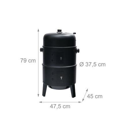 Black Steel Smoker with Thermometer and Water Bowl