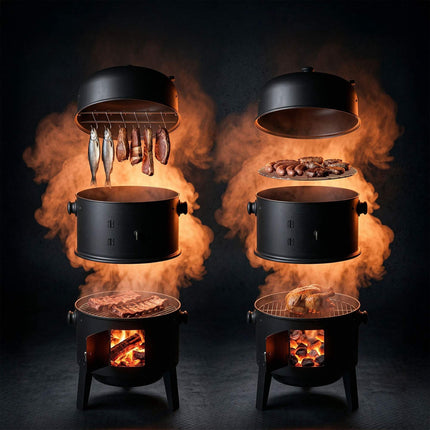 Black Steel Smoker with Thermometer and Water Bowl