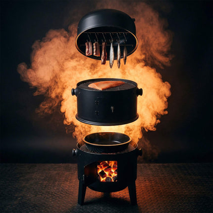 Black Steel Smoker with Thermometer and Water Bowl