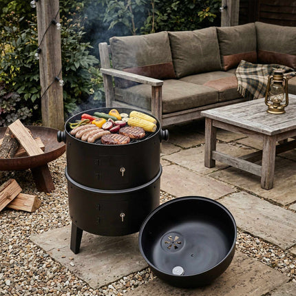 Black Steel Smoker with Thermometer and Water Bowl