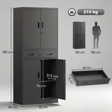 Black Steel Tool Cabinet with Lockable Doors and Adjustable Shelves
