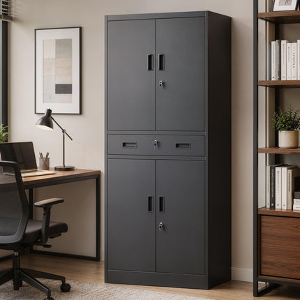 Black Steel Tool Cabinet with Lockable Doors and Adjustable Shelves