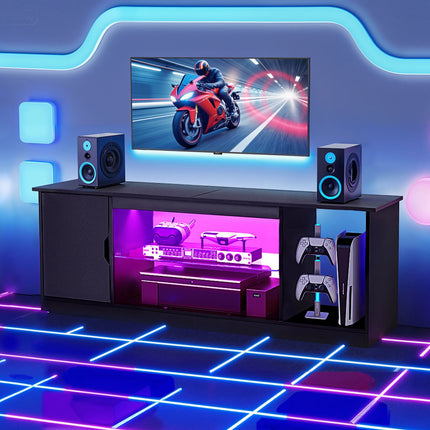 Black TV Stand for 65-Inch TVs, LED Lights, Adjustable Shelves