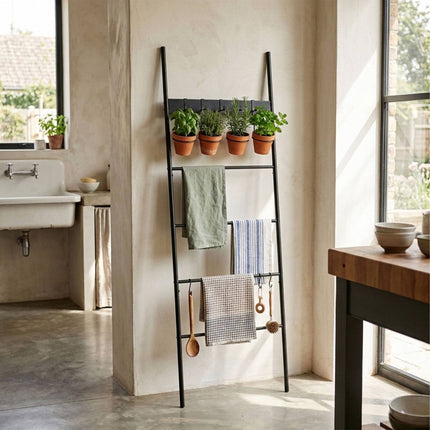 Black Towel Ladder with 4 Rungs & 5 Hooks