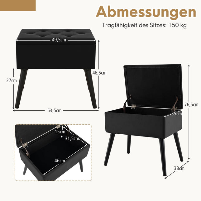 Schwarze Samt-Aufbewahrungs-Ottomane – gepolsterter Sitz, 150 kg Tragkraft