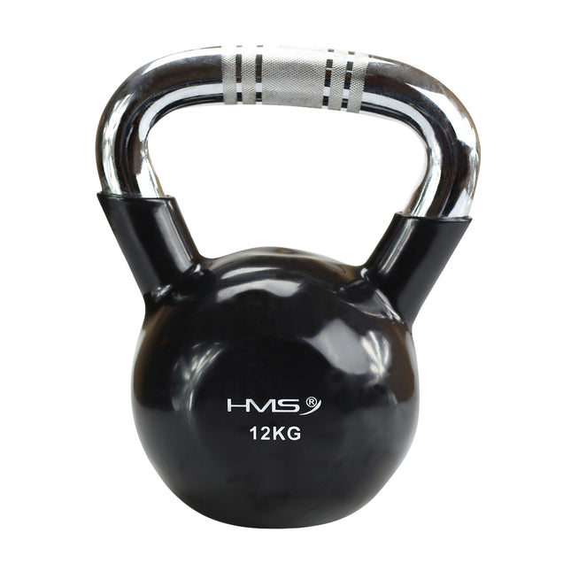 Zwarte vinylgecoate gietijzeren kettlebell, chromen handvat