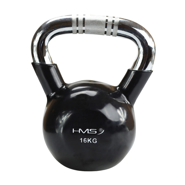 Zwarte vinylgecoate gietijzeren kettlebell, chromen handvat