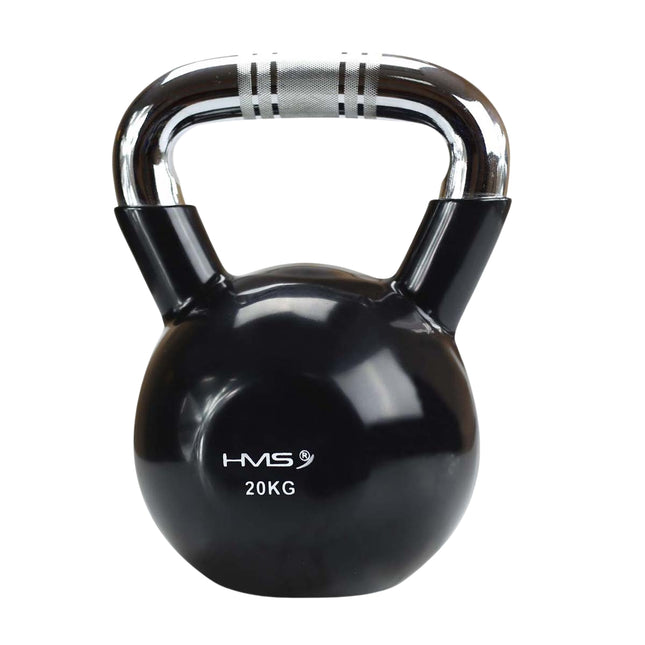 Zwarte vinylgecoate gietijzeren kettlebell, chromen handvat