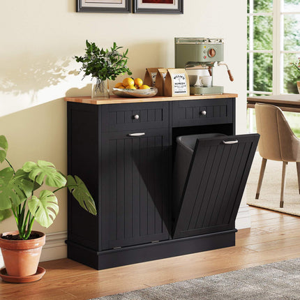 Black Waste Bin Cabinet with Rubberwood Top and Drawers