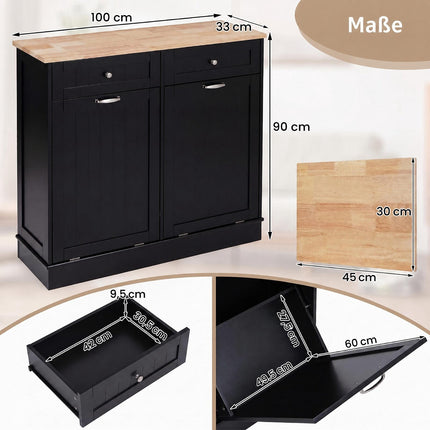 Black Waste Bin Cabinet with Rubberwood Top and Drawers