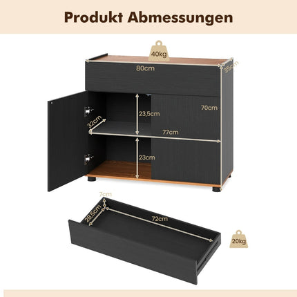 Schwarzes Sideboard aus Holz mit Schublade und 2 Türen, 80cm