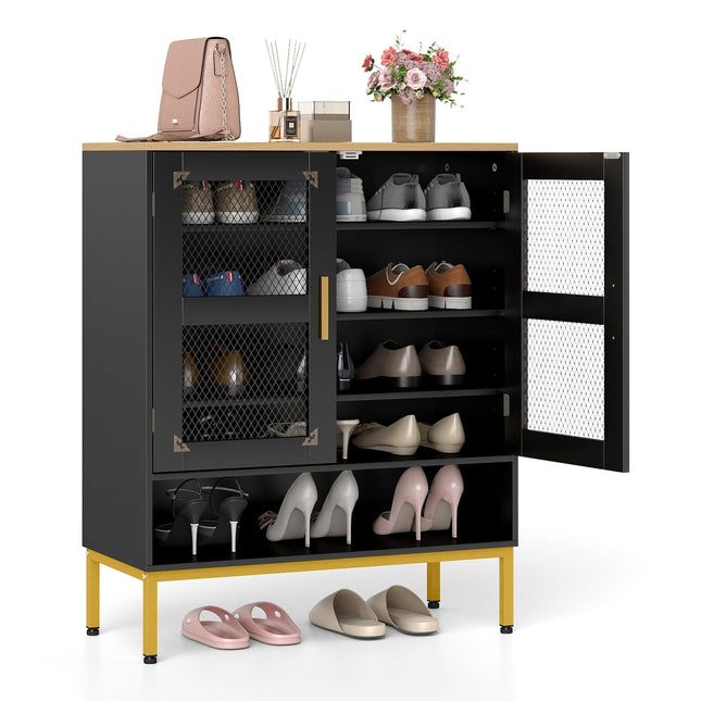 Black Wooden Shoe Cabinet with Adjustable Shelves & Mesh Doors
