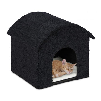 Black cat hide with scratching surface