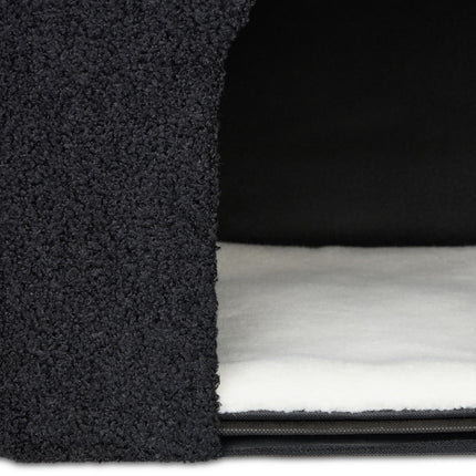 Black cat hide with scratching surface