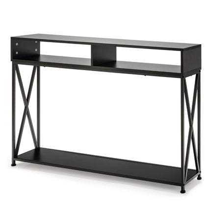 Console noire avec étagère ouverte et structure en acier 120 x 23 x 79 cm