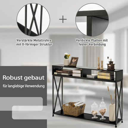 Console noire avec étagère ouverte et structure en acier 120 x 23 x 79 cm