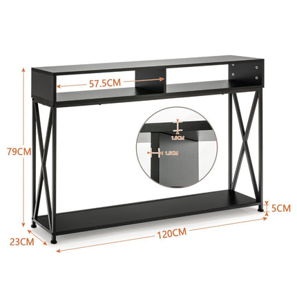Console noire avec étagère ouverte et structure en acier 120 x 23 x 79 cm