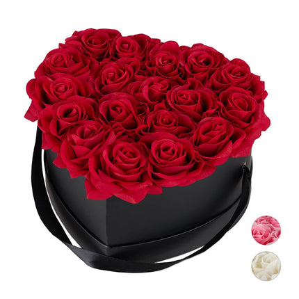 Black heart-shaped rose box with 18 roses