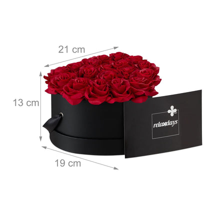 Black heart-shaped rose box with 18 roses