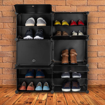 Schwarzer Schuhschrank mit 12 Fächern