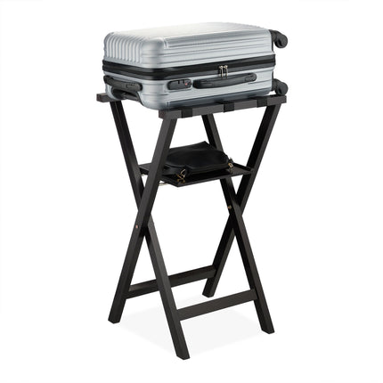 Black suitcase rack with shelf