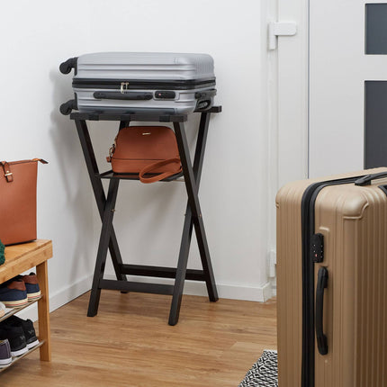 Black suitcase rack with shelf