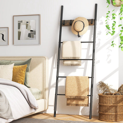 Blanket Ladder, 5-Tier Wall-Leaning With 5 Removable Hooks