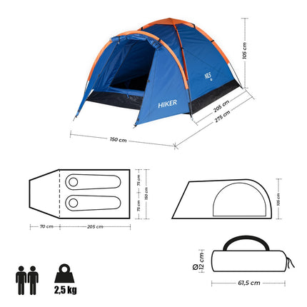 Blaues Campingzelt für Wanderer, 2 Personen