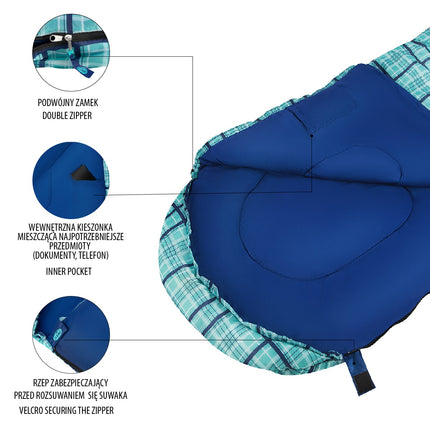 Blauer karierter Schlafsack, leicht, kompakt
