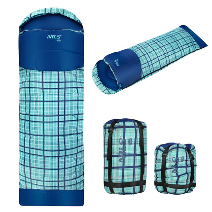 Blauer karierter Schlafsack, leicht, kompakt