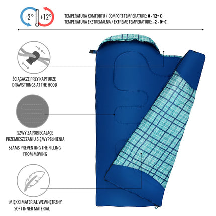 Blauer karierter Schlafsack, leicht, kompakt