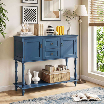 Blue Console Table with 2 Drawers, Cabinets & Shelf