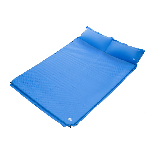 Blauwe dubbele zelfopblazende mat met kussen, kamperen