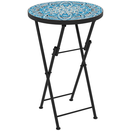 Blue Mosaic Folding Metal Table, Weather Resistant - Indoor/Outdoor