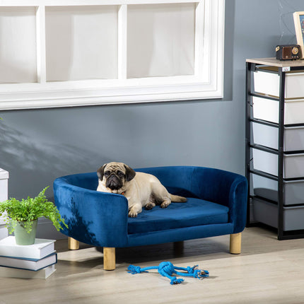 Blue Velvet Dog Sofa with Backrest and Wood Legs