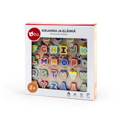 Bo. Pädagogisches Holzpuzzle „Alphabet und Tiere“ (in finnischer Sprache)