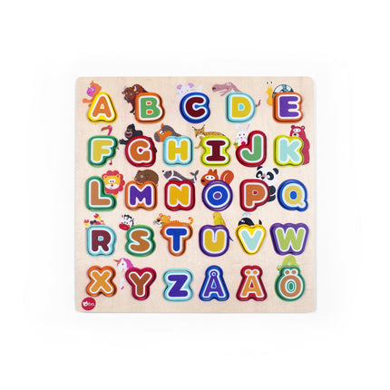 Bo. Pädagogisches Holzpuzzle „Alphabet und Tiere“ (in finnischer Sprache)