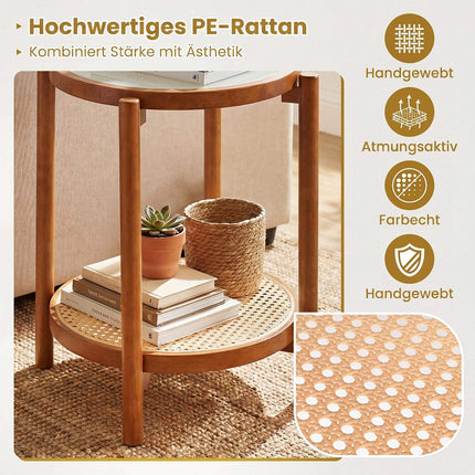 Boho 2-Tier Side Table with Tempered Glass Top, Walnut