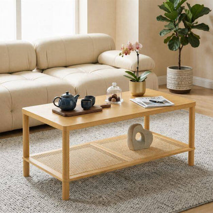 Boho Coffee Table with Rattan Shelf and Rubber Wood Frame