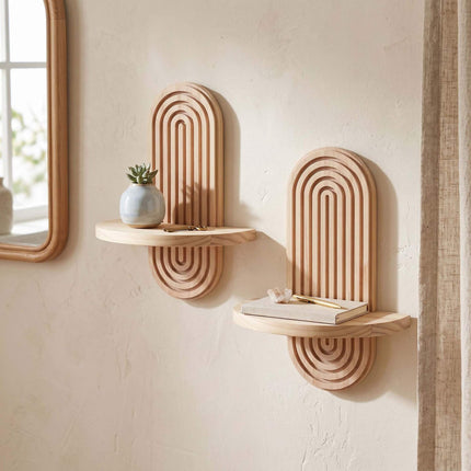 Boho Floating Wall Shelves, 2-Piece Set, Pine Wood
