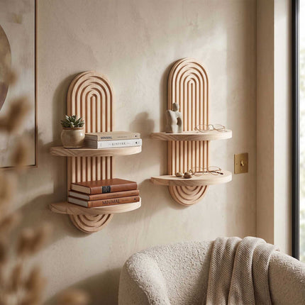 Boho Floating Wall Shelves, 2pc Set – Pine, Light Brown