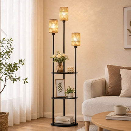 Boho Floor Lamp with 3 Shelves and 3 Paper Rope Shades, E27, Black