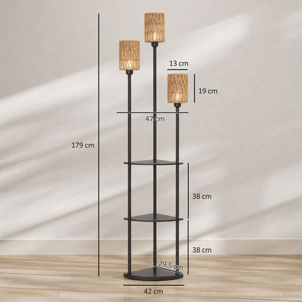 Boho Floor Lamp with 3 Shelves and 3 Paper Rope Shades, E27, Black