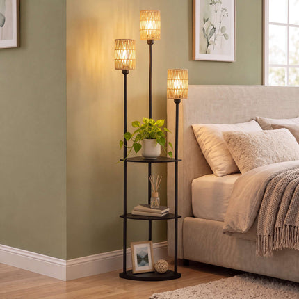 Boho Floor Lamp with 3 Shelves and 3 Paper Rope Shades, E27, Black